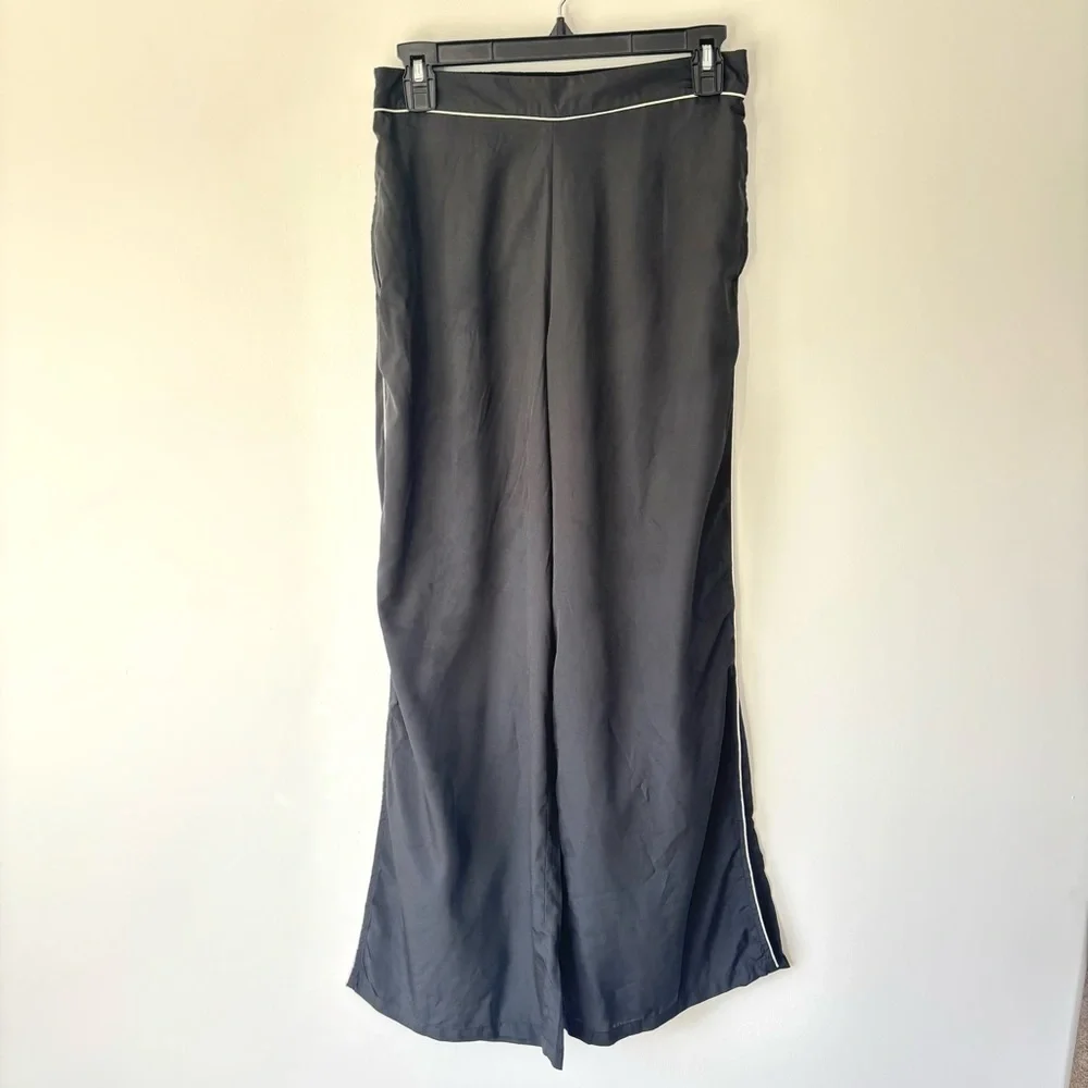 Jason Wu Black Wide Leg Straight Pant White Stripe Satin Flowy Track Pant Sporty
